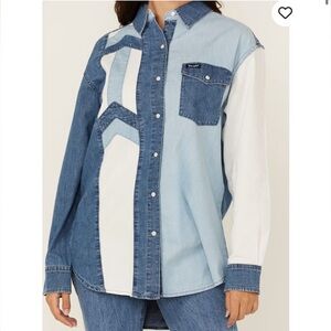Wrangler Blue and White Patchwork Button Down Shirt